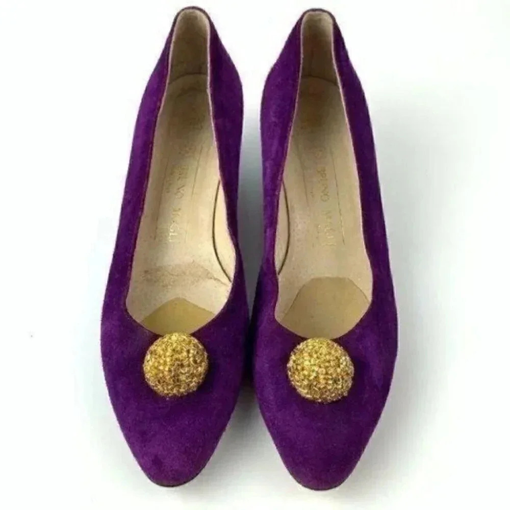 Bruno Magli heels 9 AA purple suede Italy gold - Picture 2 of 8